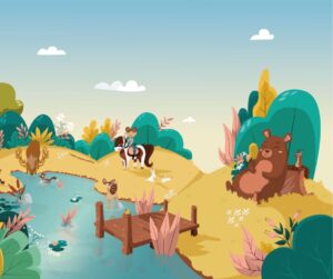 Illustration jeunesse nature et animaux ours cheval oiseaux cerfs