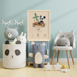 Tableau de naissance personnalisé thème panda voiture vintage garçon