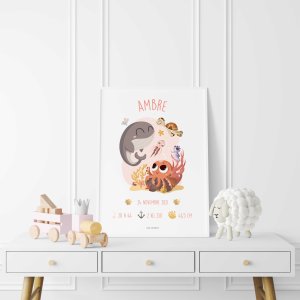 Affiche naissance animaux thème mer décoration chambre enfant bébé